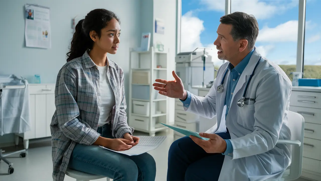 Médico em consultório conversando com jovem preocupada, ambiente claro e organizado com equipamento médico visível.