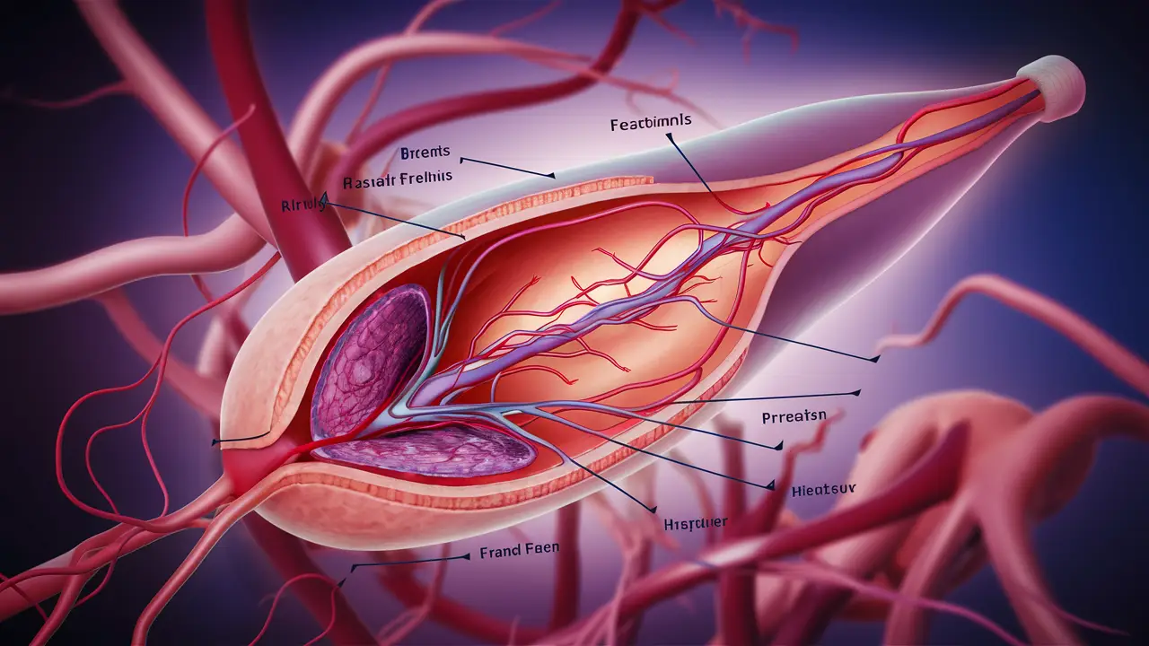 Diagrama médico mostrando a anatomia do pênis com estruturas vasculares destacadas.