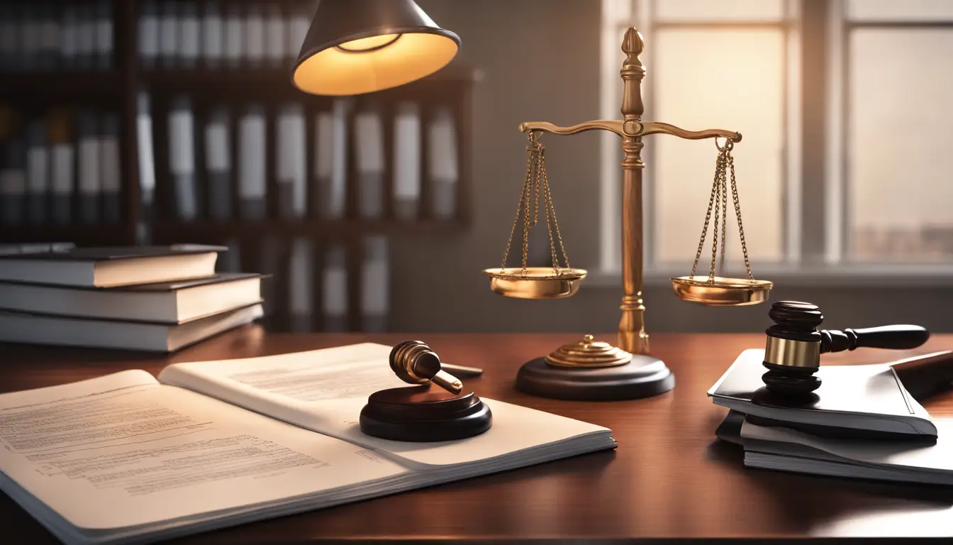 Escritório com laptop exibindo software jurídico, pilha de documentos legais, martelo e balança de justiça sob luz de abajur.