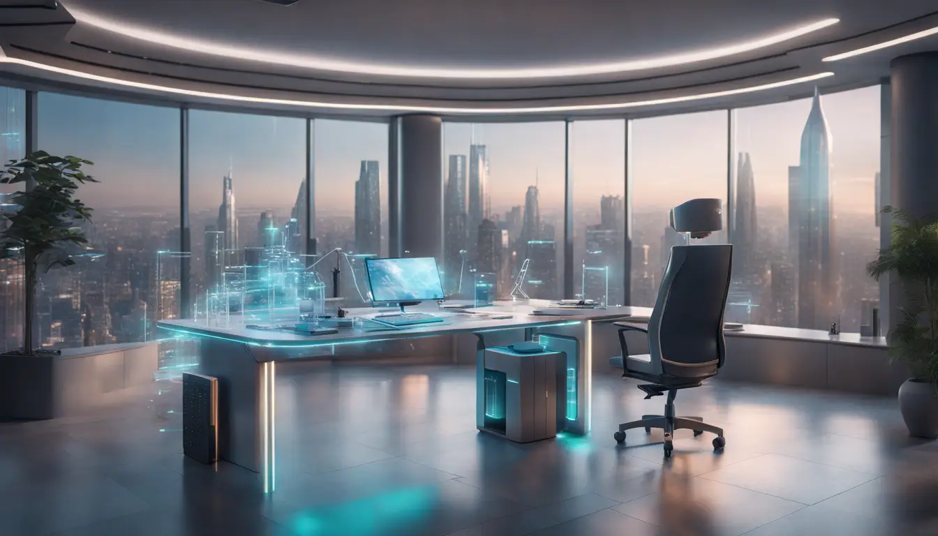 Escritório futurista com hologramas de documentos legais e assistentes robóticos ao lado de uma janela com vista para a cidade.