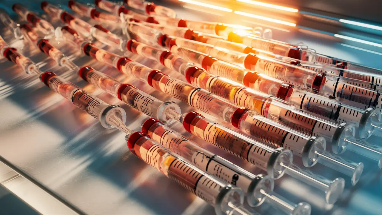 Seringas de plástico transparente preenchidas com líquido viscoso claro em superfície branca esterilizada.