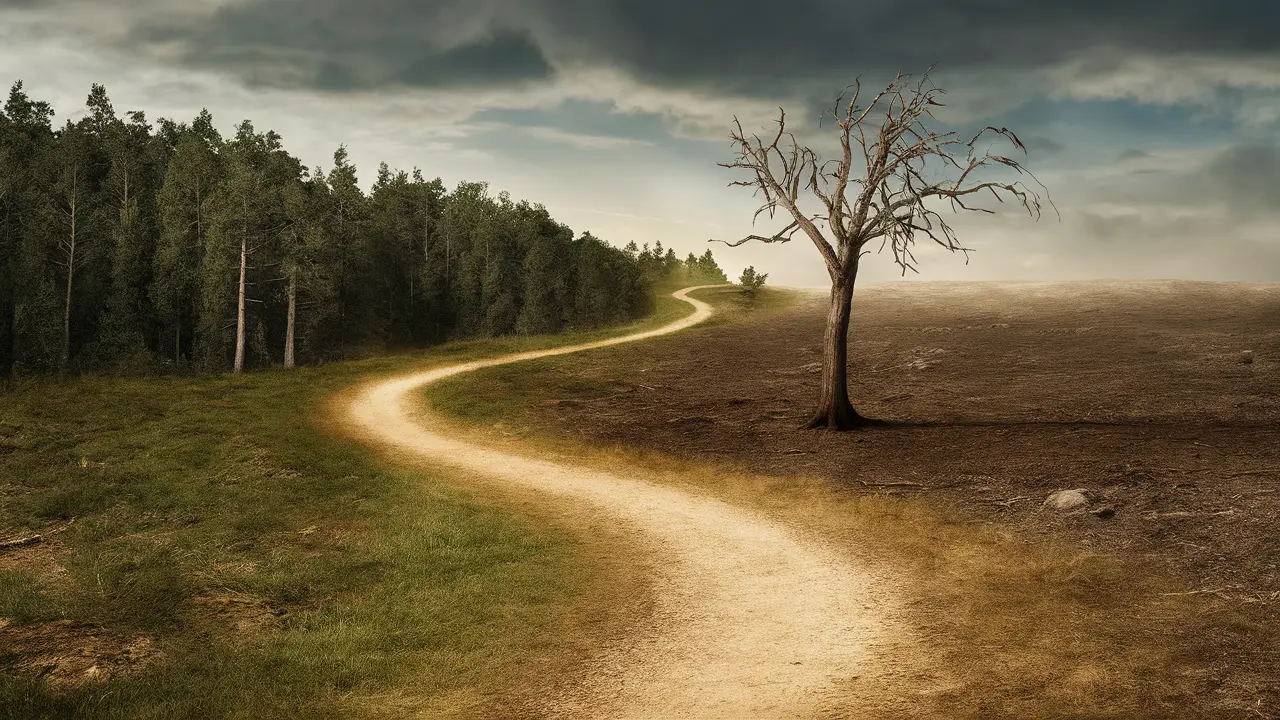 Caminho sinuoso em floresta densa mudando para paisagem árida com árvore murcha sob céu nublado.