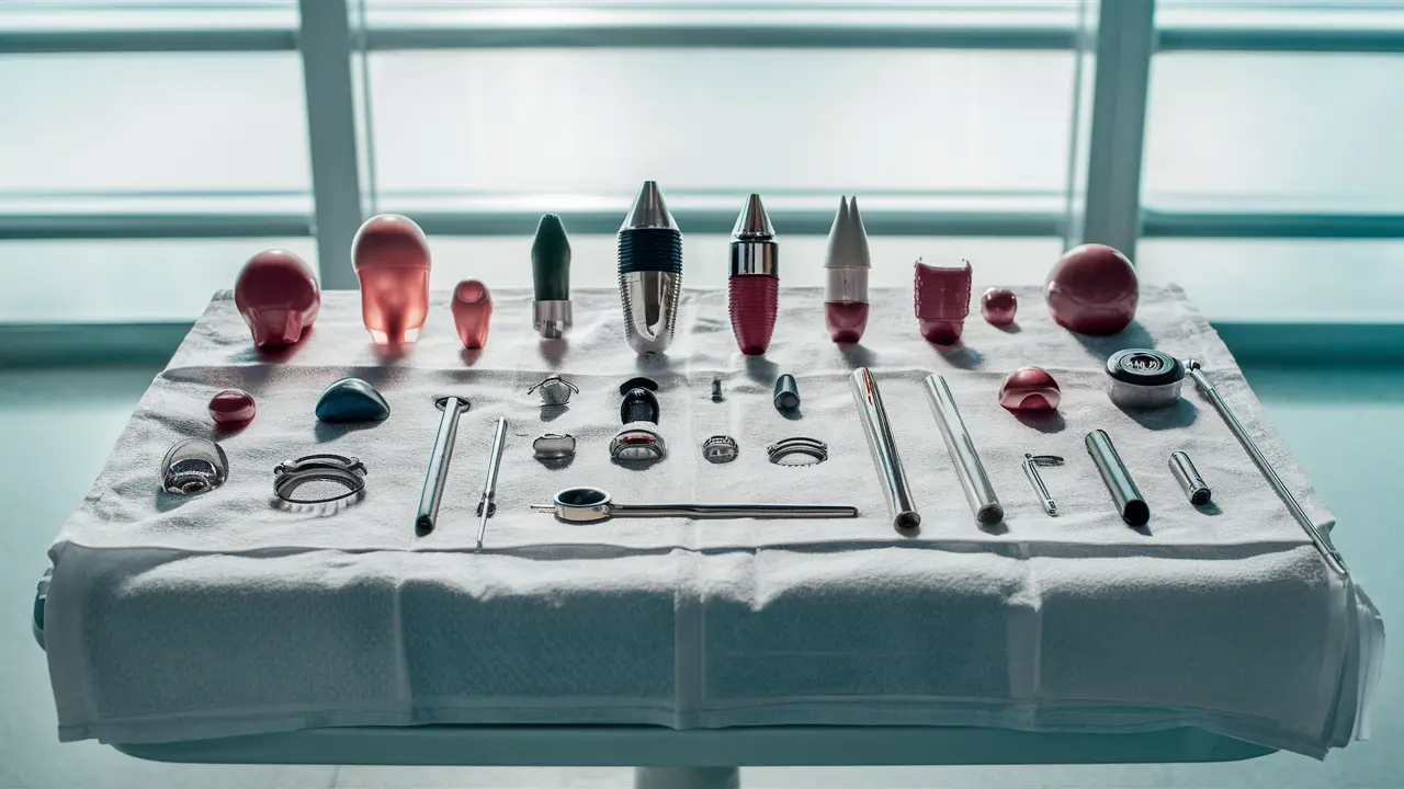 Ferramentas médicas e implantes de silicone e metal organizados em um pano branco em ambiente clínico.
