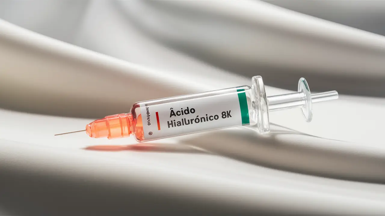 Seringa transparente com gel claro em superfície branca lisa, rotulada como 'Ácido Hialurônico'.