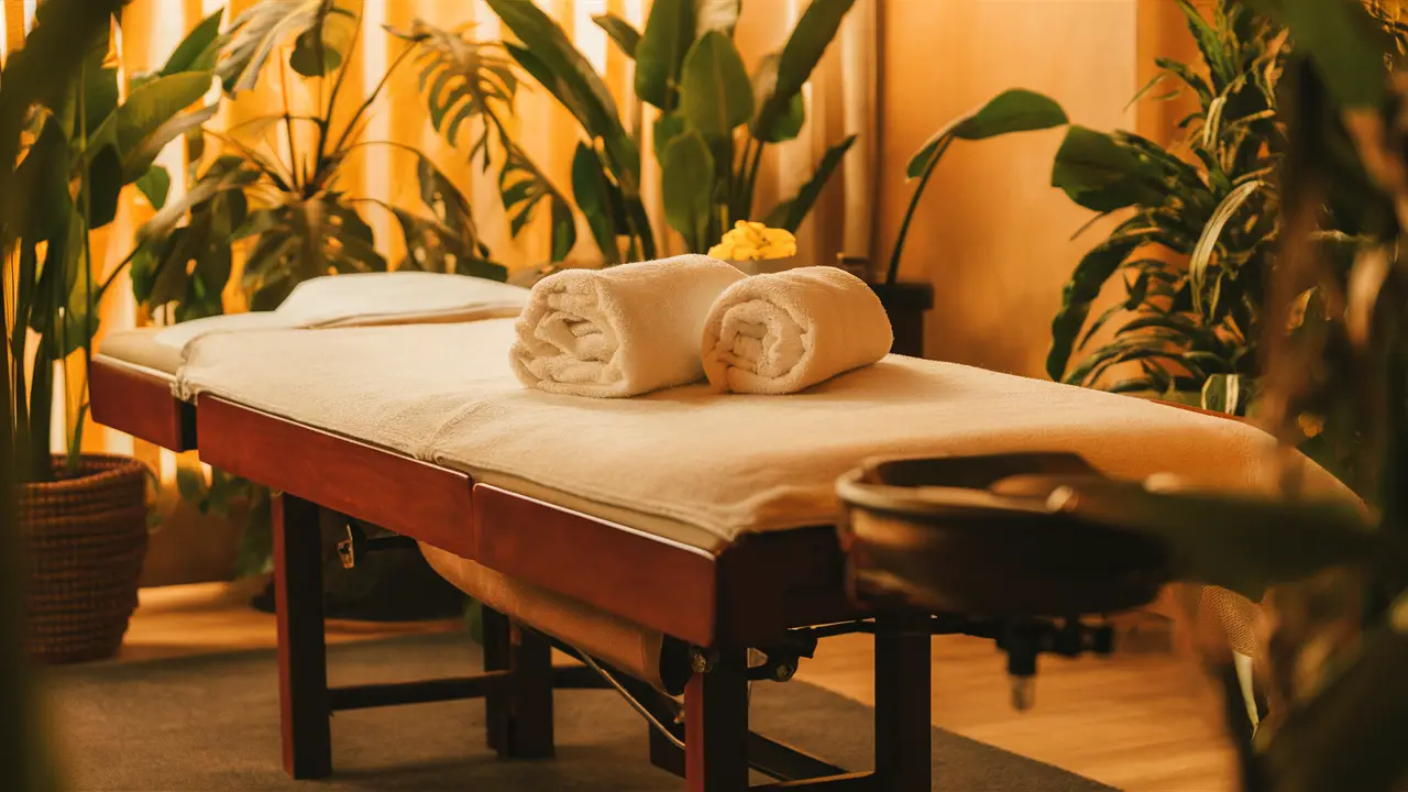 Sala de spa com mesa de massagem de madeira, plantas verdes e toalhas brancas dobradas sob iluminação suave.