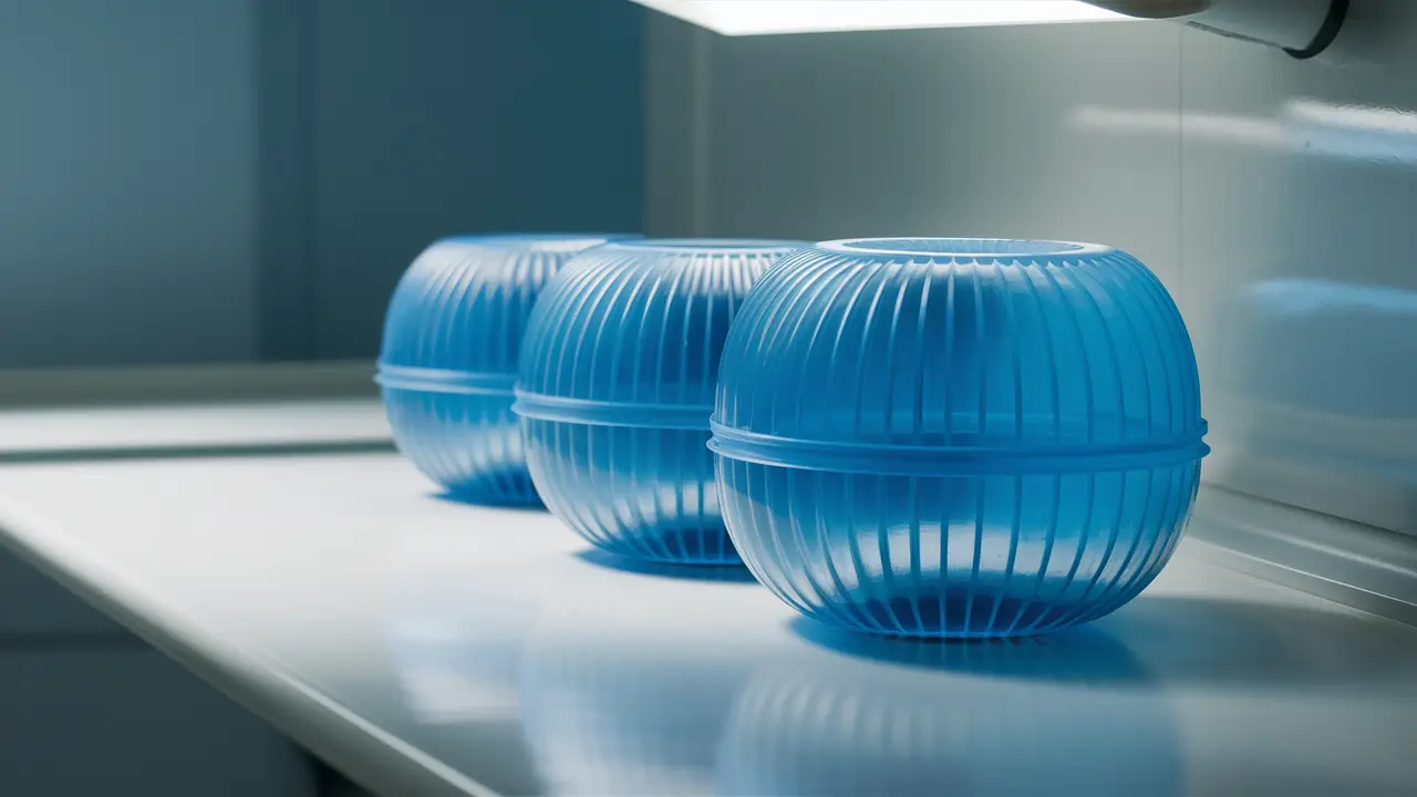 Três cilindros de plástico azul transparente em sequência crescente em uma superfície branca.