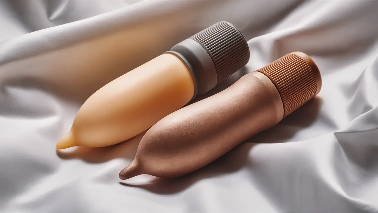 Implantes penianos de silicone e material médico em fundo branco.