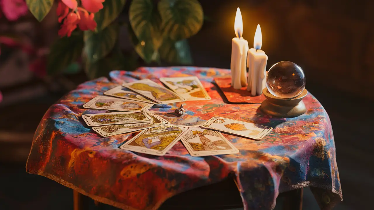Mesa de madeira com pano colorido, cartas de tarot, bola de cristal e velas acesas iluminando o ambiente.