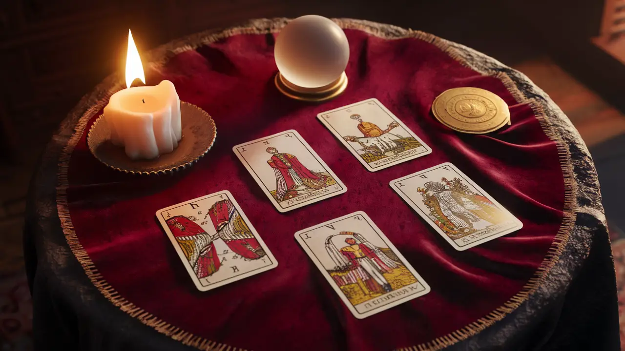 Mesa redonda com pano de veludo bordô, quatro cartas de tarô, vela acesa à esquerda e bola de cristal à direita.