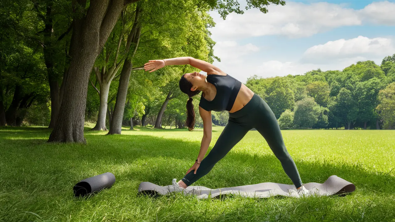 Pessoa alongando em parque com grama verde e árvores, usando roupa esportiva confortável, perto de um tapete de yoga.