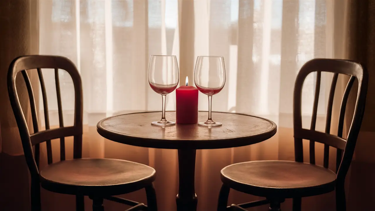 Mesa redonda com duas cadeiras frente a frente, vela vermelha e taças de vinho vazias sobre a mesa.