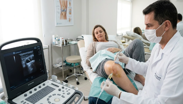 Derrame Articular (Água no joelho): Causas comuns e como o Dr. Carlos realiza o esvaziamento guiado.
