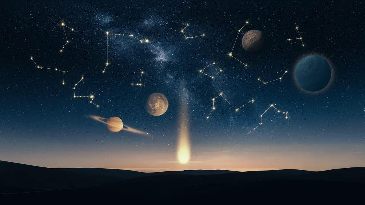Céu estrelado com constelações, planetas e cometa brilhante sobre colinas no horizonte.