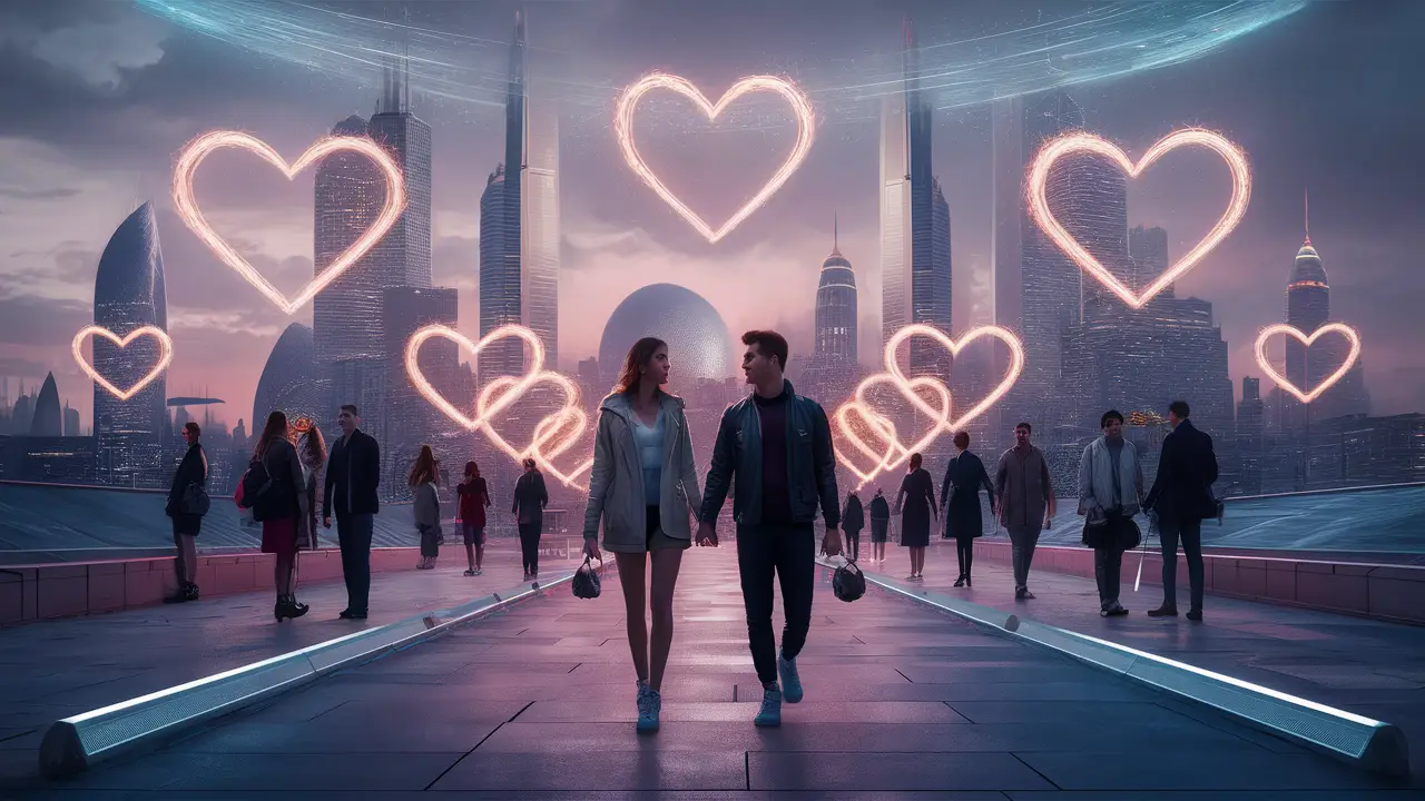 Casais caminhando em uma cidade futurista ao anoitecer, cercados por luzes holográficas em forma de coração.