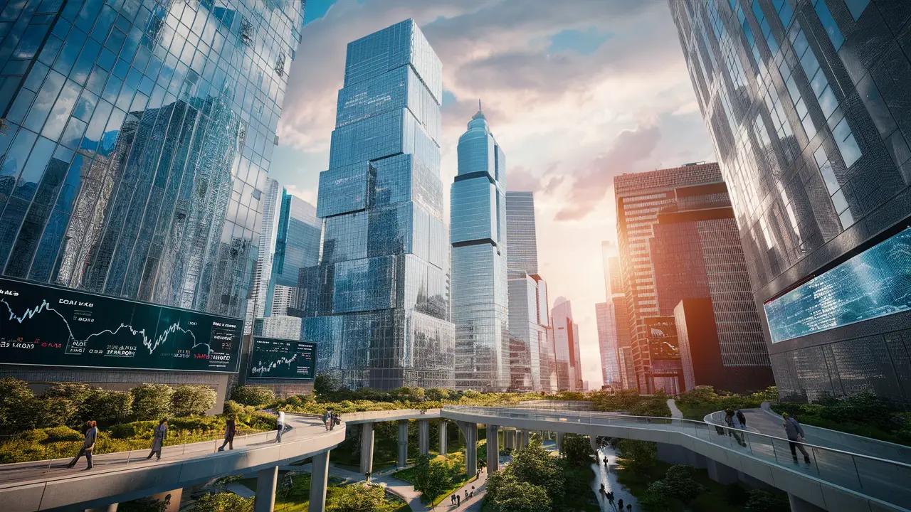 Cidade futurística em 2025 com arranha-céus de vidro e painéis digitais exibindo gráficos financeiros.