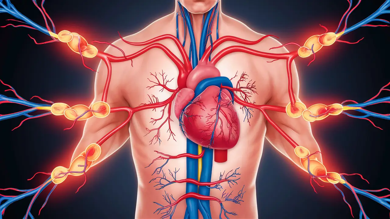 Sistema circulatório humano com destaque para o fluxo da arginina pelos vasos sanguíneos em cores vermelho e azul.
