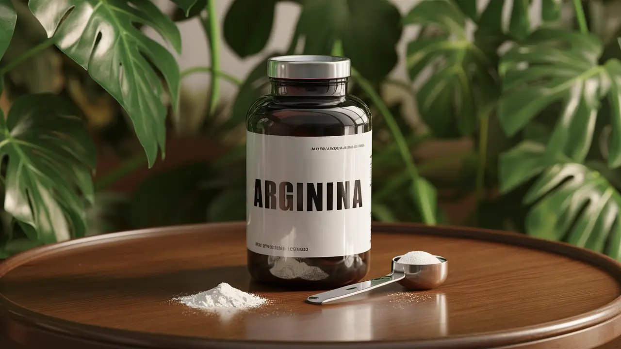 Frasco de vidro de Arginina em uma mesa com colher medidora e plantas ao fundo.