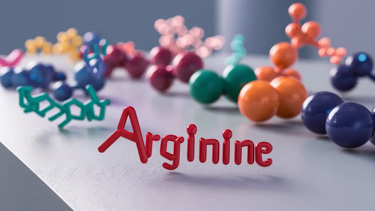 Moléculas em 3D de ácido amino com arginina em destaque, sobre uma superfície cinza clara.