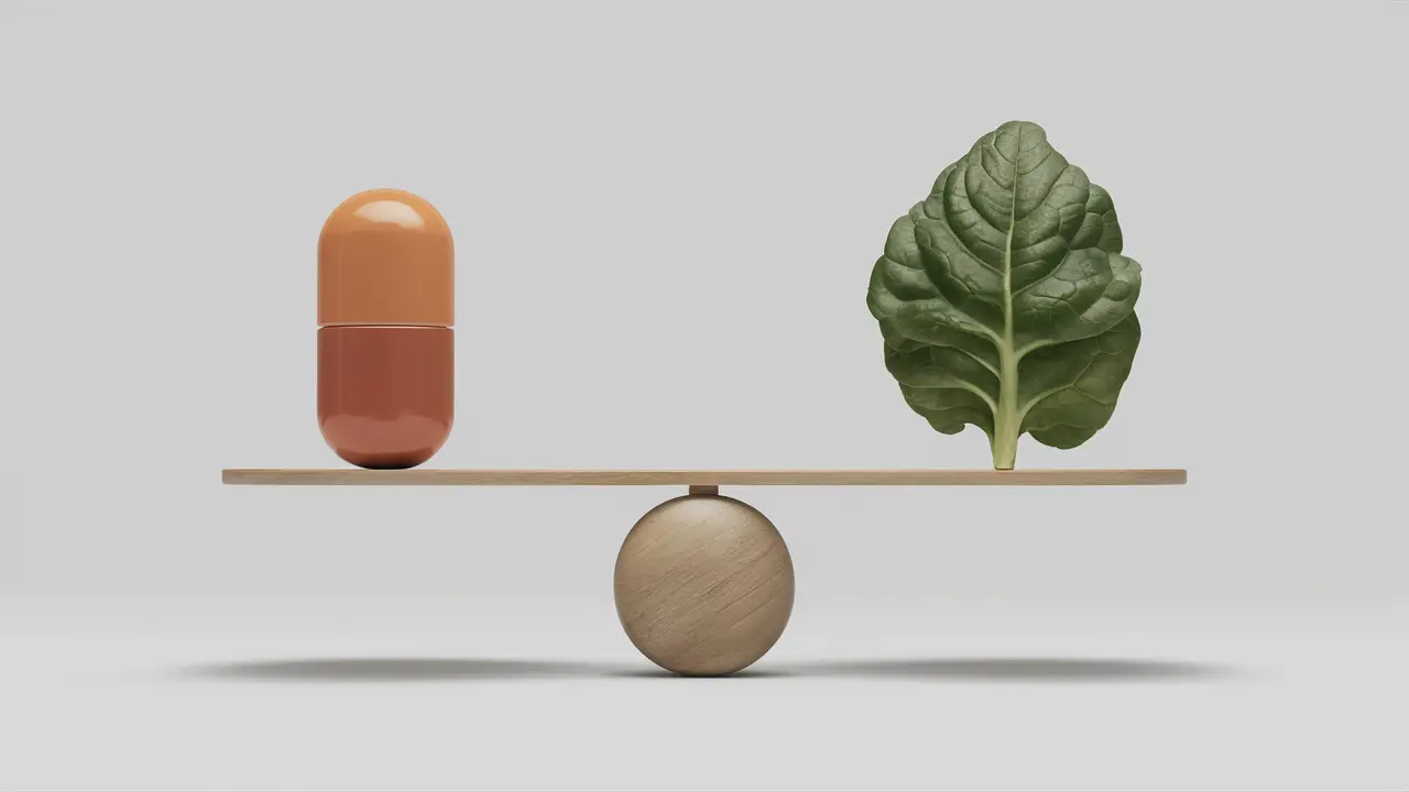 Balança equilibrada com um comprimido grande de um lado e uma folha de espinafre do outro.