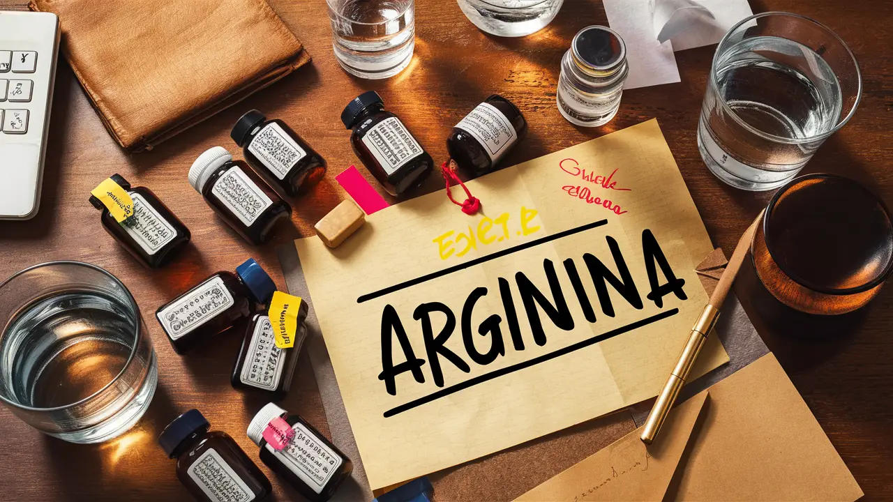 Vários suplementos dietéticos em frascos transparentes em uma mesa com um copo de água e uma nota com a palavra Arginina.