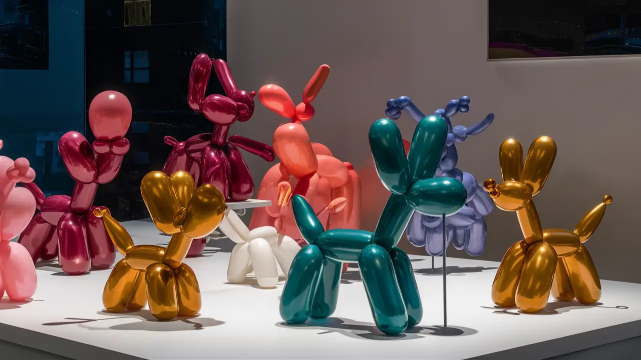 Esculturas de balões em formato de animais exibidas em uma superfície branca.