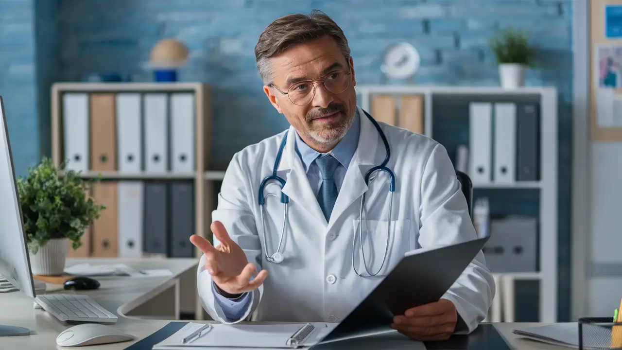 Médico de meia idade com jaleco branco e óculos, gesticulando para prontuário em escritório médico organizado.