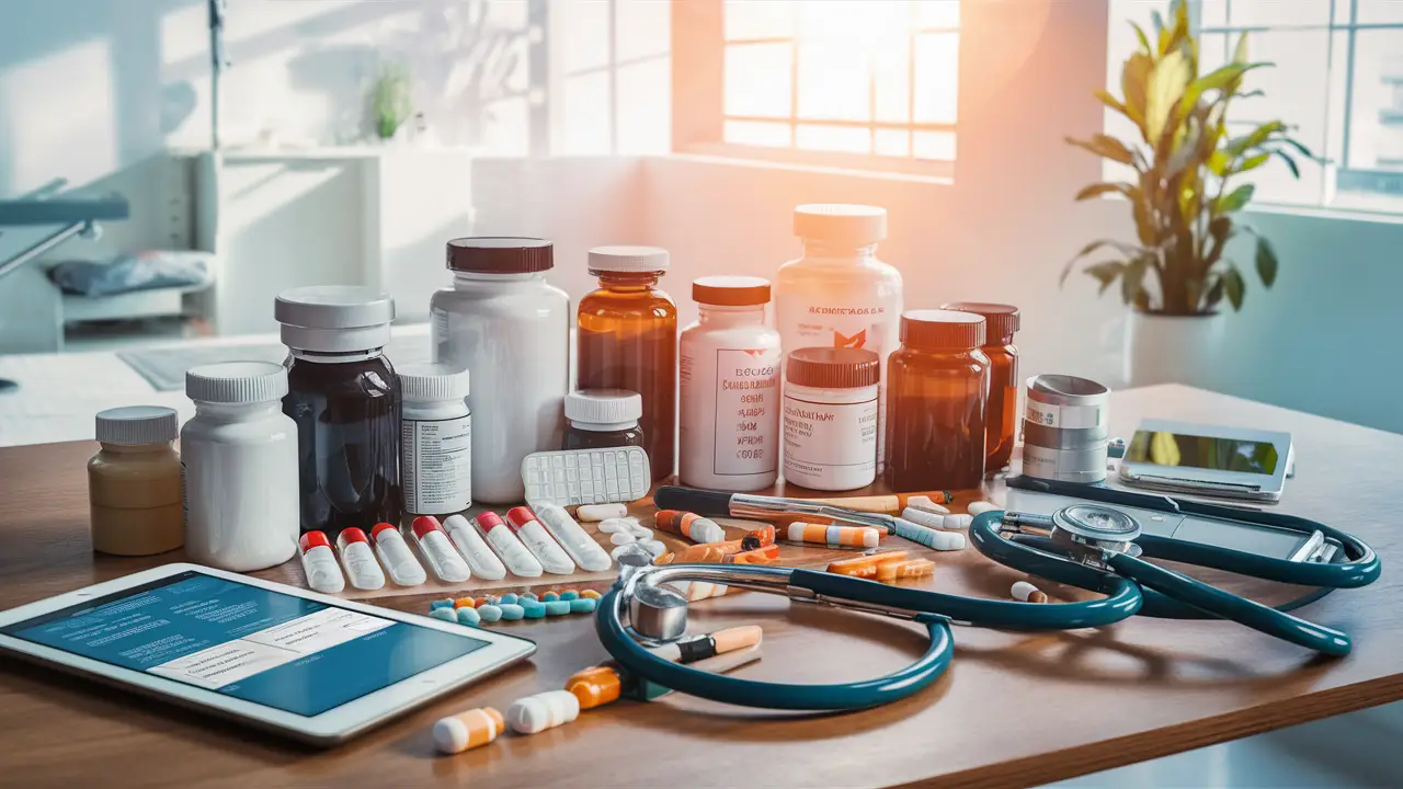 Produtos de saúde, incluindo frascos de comprimidos, tablet com opções médicas e estetoscópio em mesa de madeira iluminada.