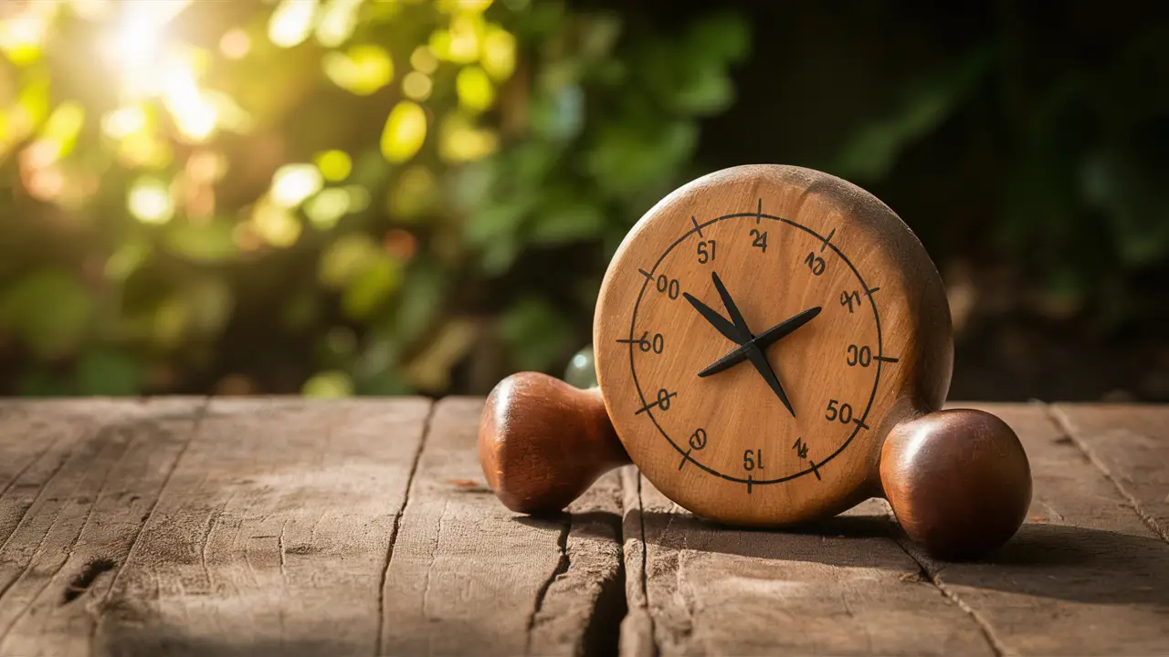 Régua de madeira com marcas de centímetros e polegadas sobre uma mesa de madeira clara.