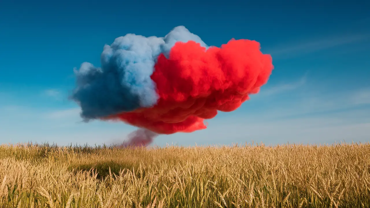 Balão de ar quente azul e vermelho sobrevoando campo de trigo dourado em dia ensolarado sem nuvens.