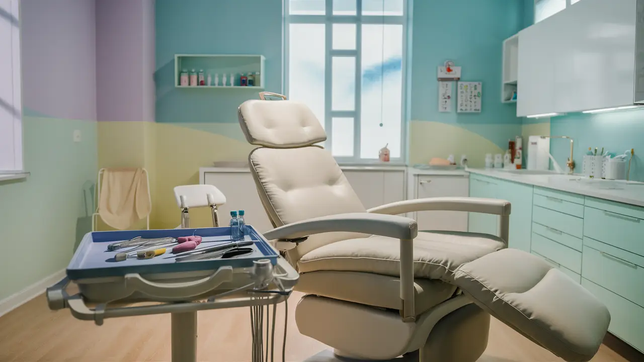 Sala de clínica moderna com cadeira reclinável e bandeja com ferramentas de tratamento não cirúrgico.