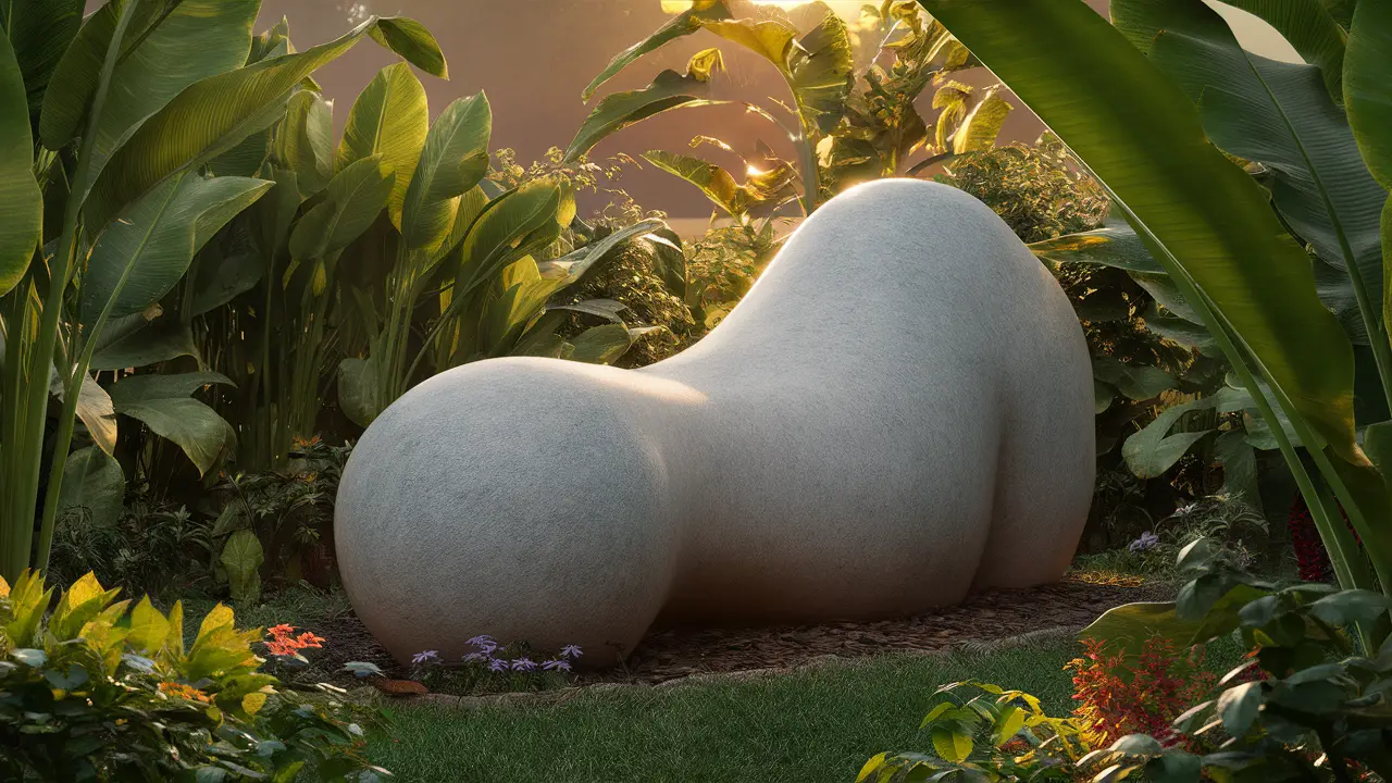 Escultura de pedra em forma fálica em um jardim ao pôr do sol, cercada por plantas verdes e flores coloridas.