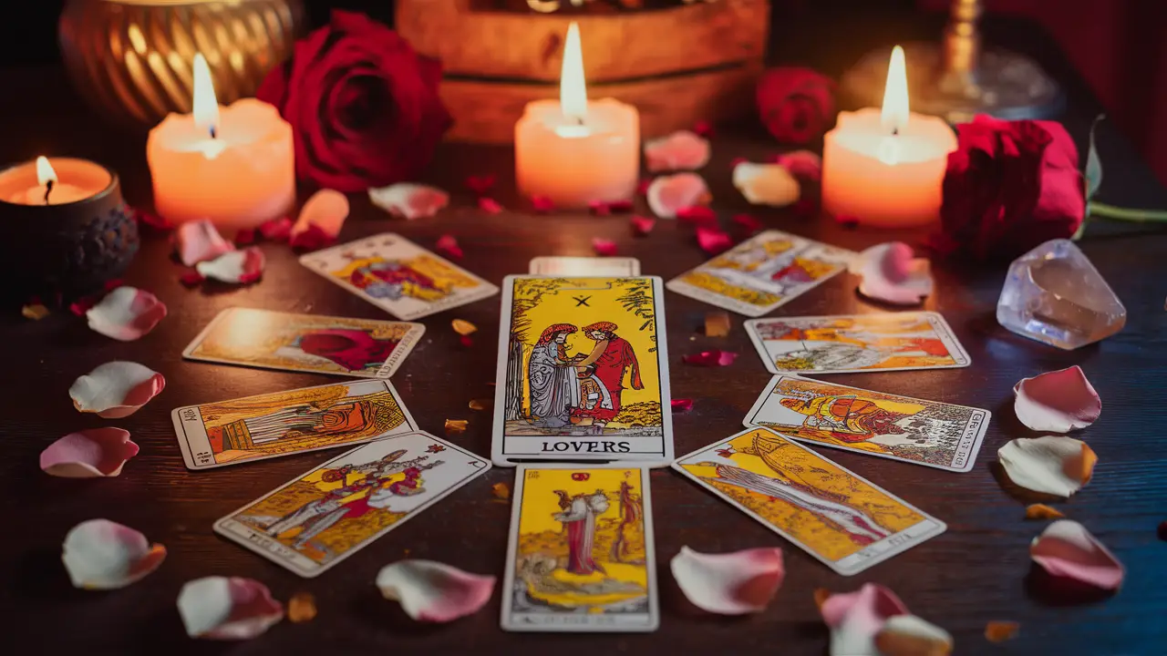 Cartas de tarô em uma mesa de madeira com a carta dos Amantes no centro, cercada por velas, cristais e pétalas de rosa.