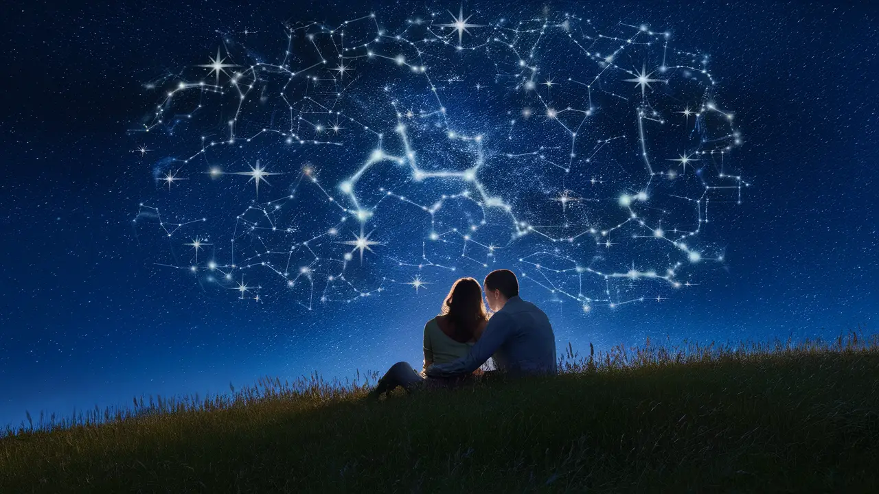 Casal sentado sob um céu estrelado, olhando para um mapa de constelações brilhante acima deles.