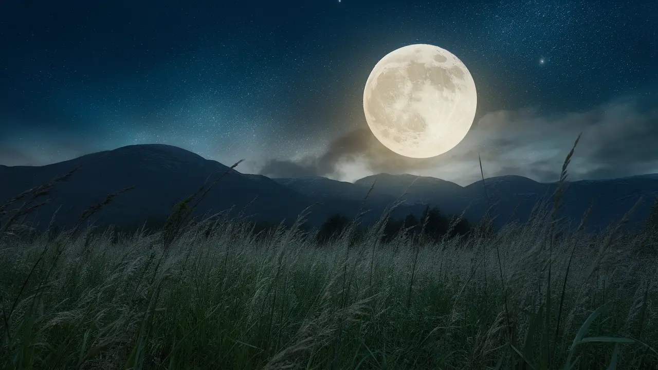 Céu noturno sereno sobre montanhas com lua cheia brilhante e estrelas cintilantes.