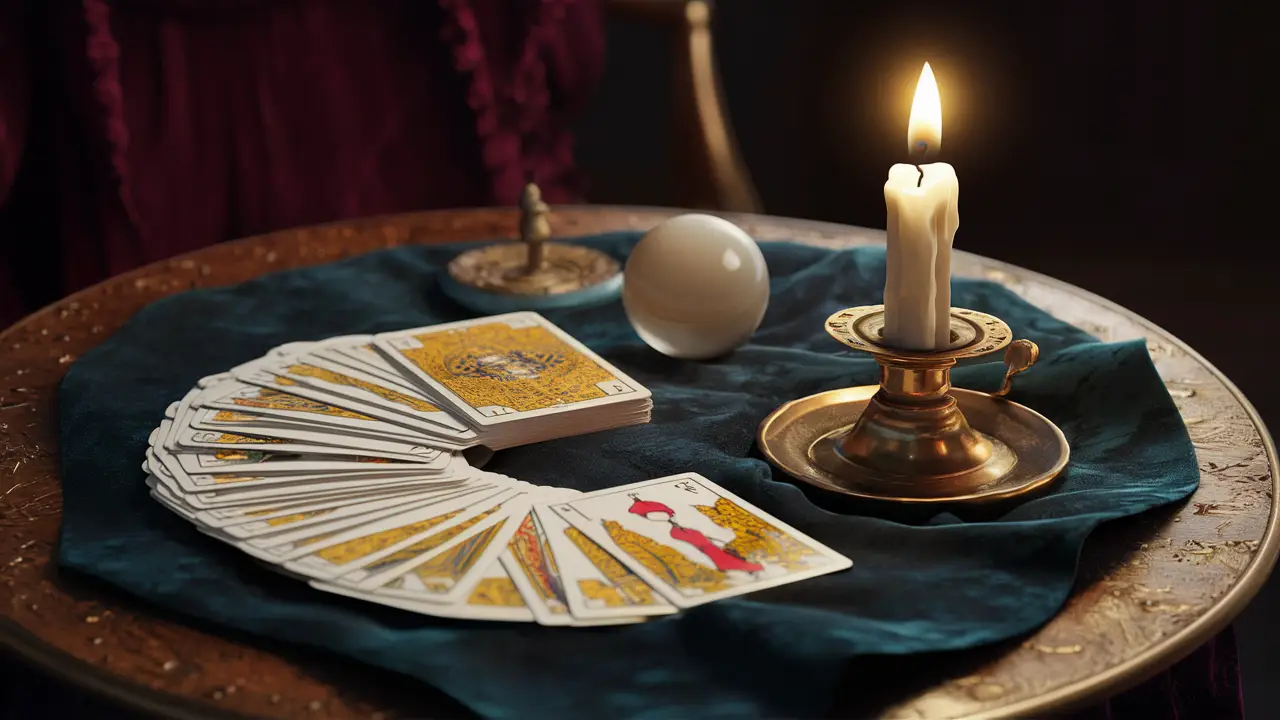 Mesa com cartas de tarô, vela acesa em suporte de latão e bola de cristal sobre tecido de veludo escuro.