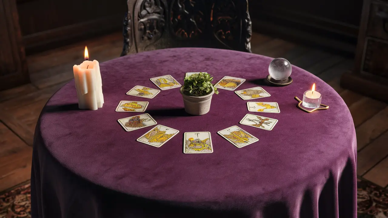 Mesa redonda com cartas de tarot, uma vela branca acesa, bola de cristal e pequena planta em vaso, em ambiente com pouca luz.