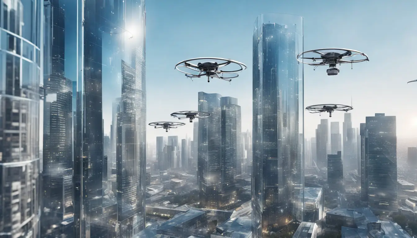 Escudo de privacidade digital transparente sobre arranha-céus futuristas com drones no céu azul.