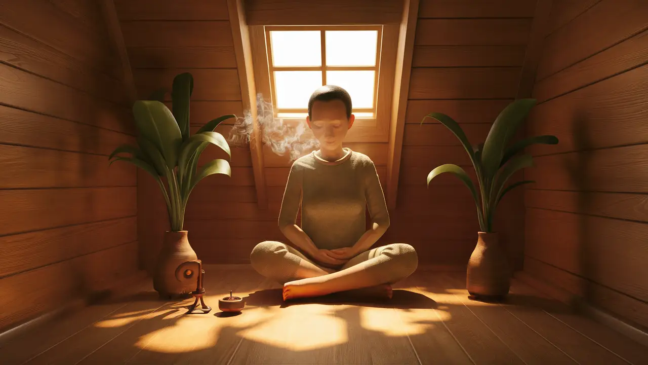 Pessoa sentada de pernas cruzadas em um quarto acolhedor com plantas altas e incenso, iluminada pela luz solar suave.