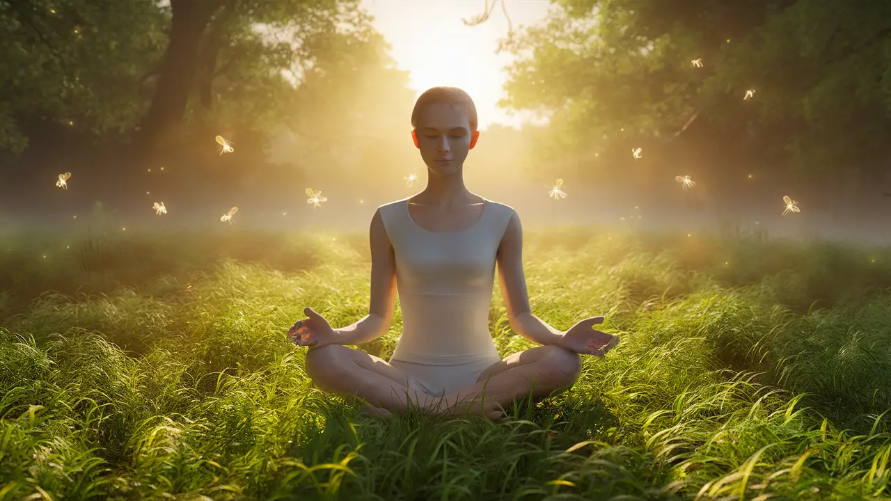 Figura serena meditando em um prado verde ao amanhecer com vaga-lumes e névoa suave.