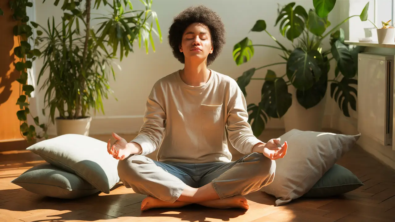 Pessoa meditando em uma sala iluminada pelo sol, cercada por plantas verdes e almofadas macias, olhos fechados.