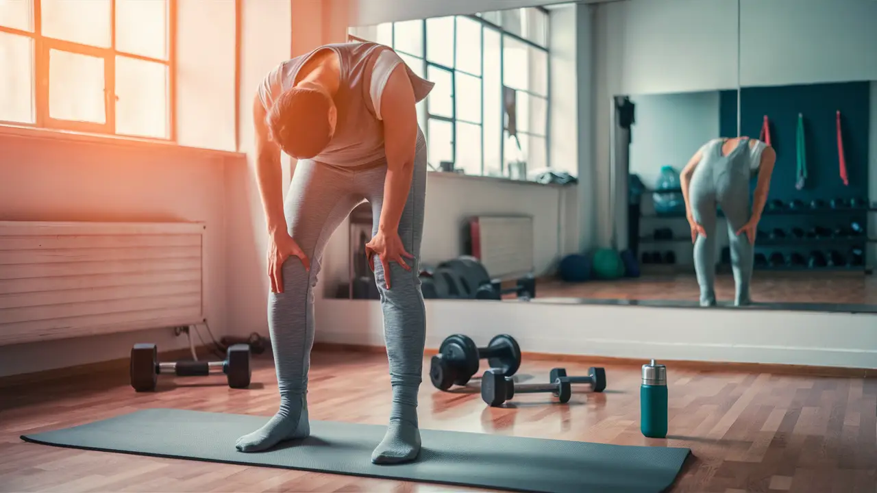 Pessoa em academia iluminada fazendo alongamento em tapete de yoga, com halteres e garrafa de água ao redor.