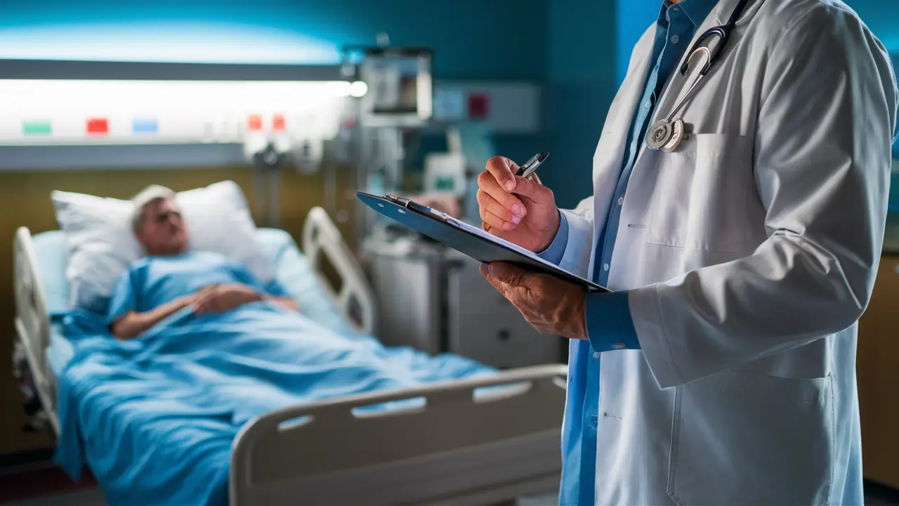 Médico ao lado de paciente em cama de hospital, com prancheta na mão e equipamentos médicos ao fundo.
