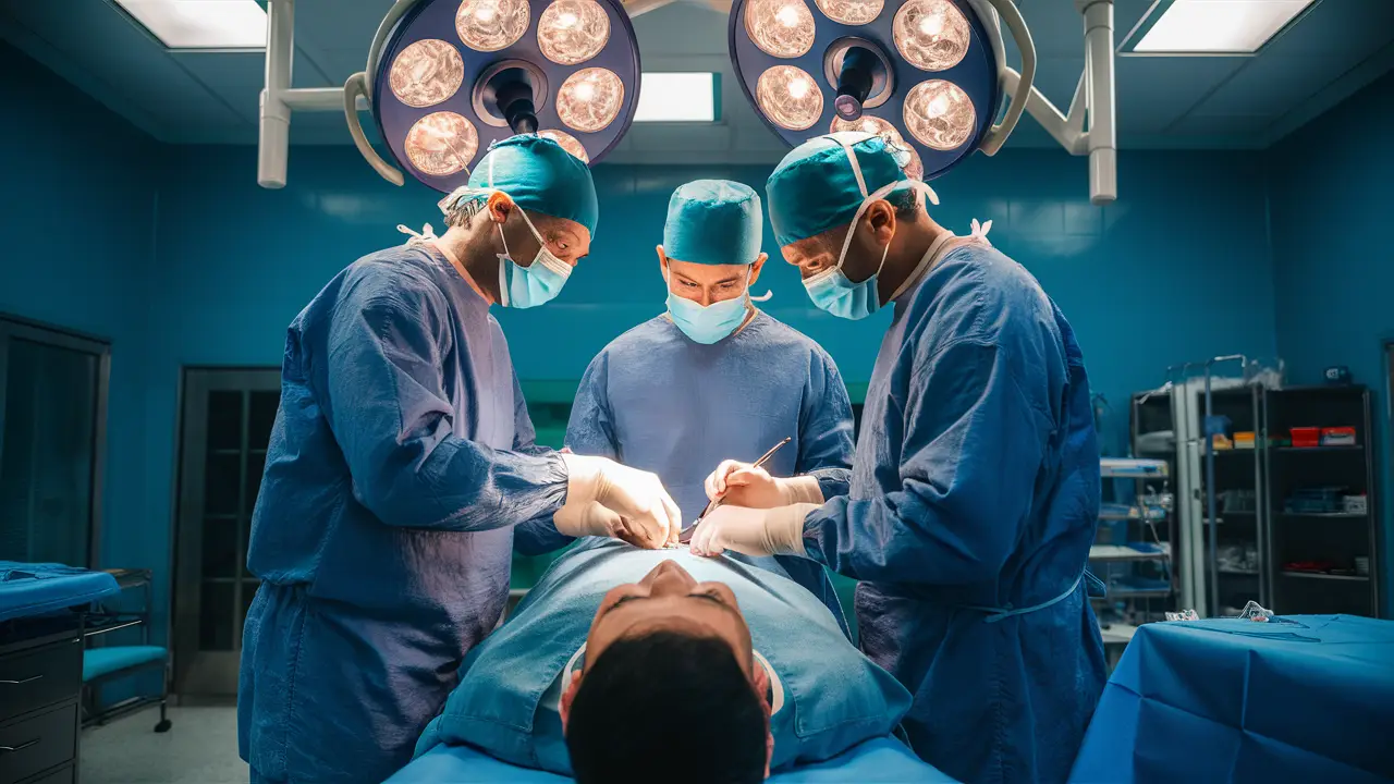 Médicos realizam cirurgia em paciente masculino em sala de operação iluminada.