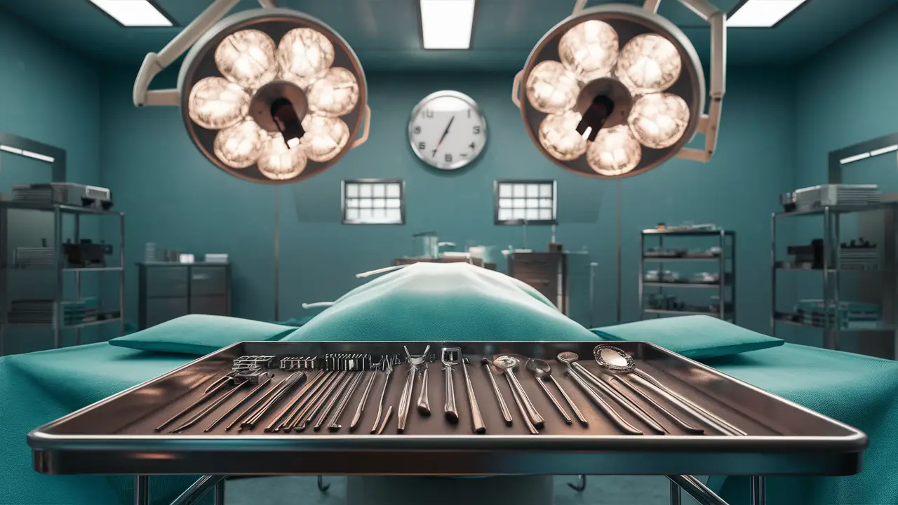 Sala cirúrgica com mesa e instrumentos esterilizados, iluminação brilhante e relógio marcando 10:00.
