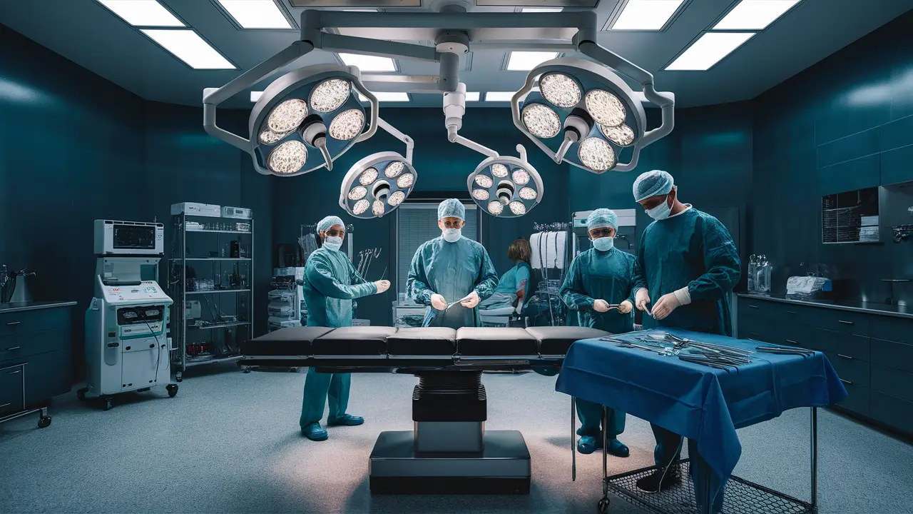 Dois médicos em trajes cirúrgicos preparando instrumentos em uma sala de operação moderna.