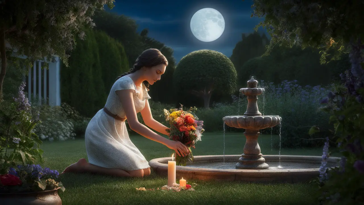 Mulher de vestido branco ajoelhada em jardim noturno, colocando flores coloridas ao lado de uma vela acesa.