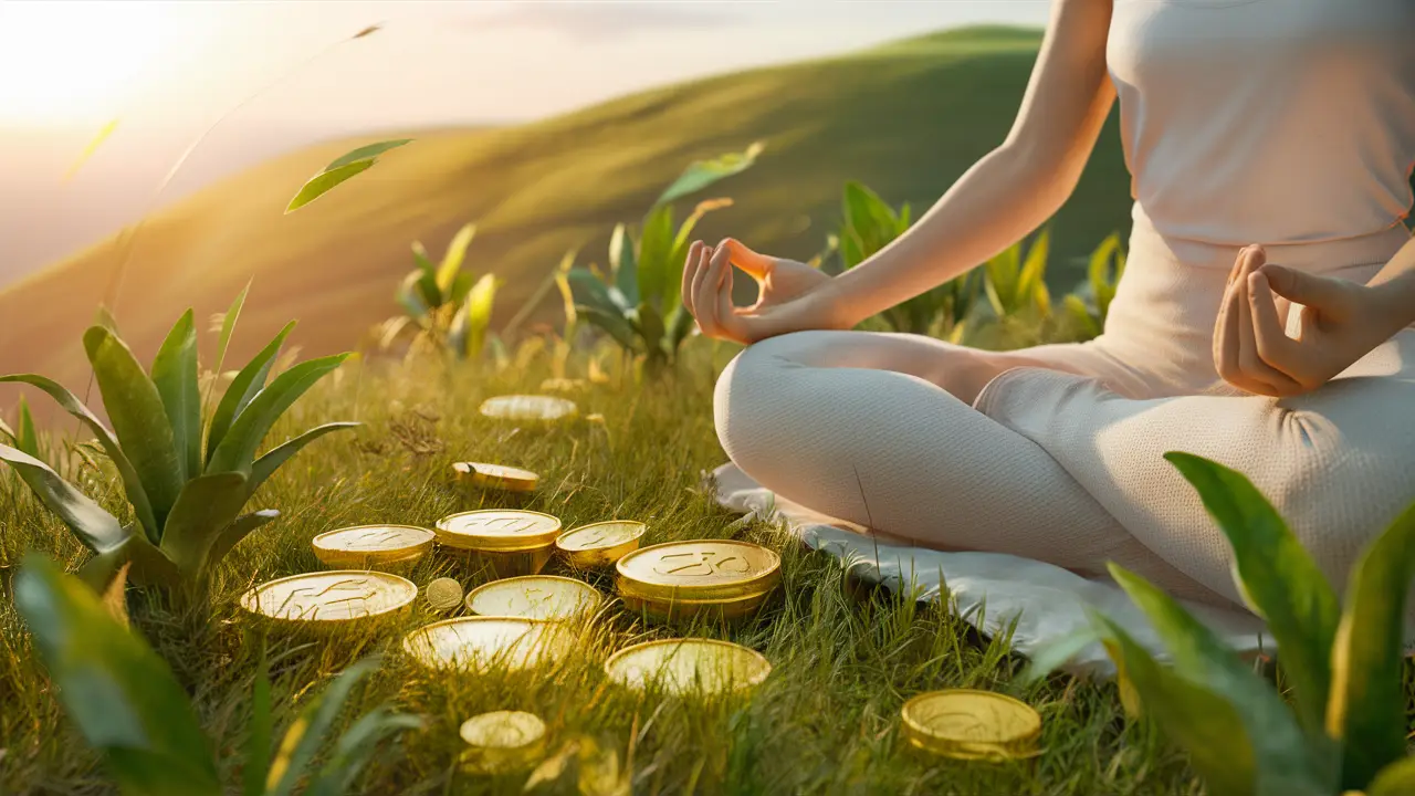 Pessoa meditando ao nascer do sol em uma colina com moedas douradas e plantas verdes ao redor.