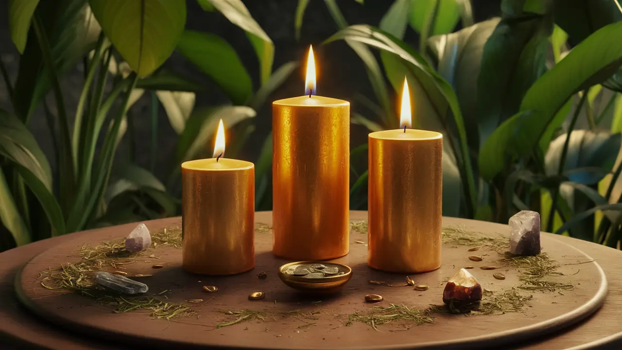 Altares com velas douradas acesas, cristais, ervas secas e tigela de moedas em mesa de madeira, com plantas verdes ao fundo.