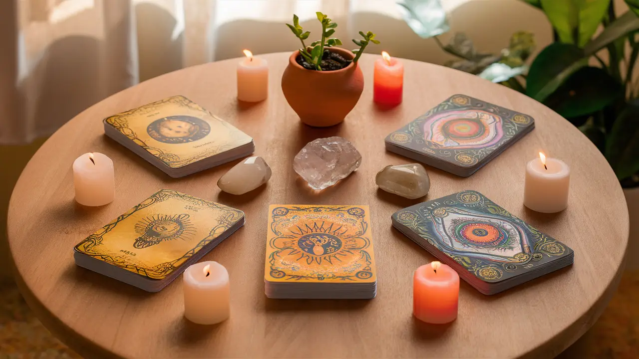 Cartas de oráculos variadas em uma mesa com velas, cristais e planta em vaso de barro sob luz suave.