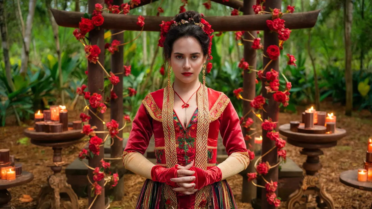 Mulher em vestes tradicionais vibrantes em floresta com altar de madeira, velas e flores vermelhas.